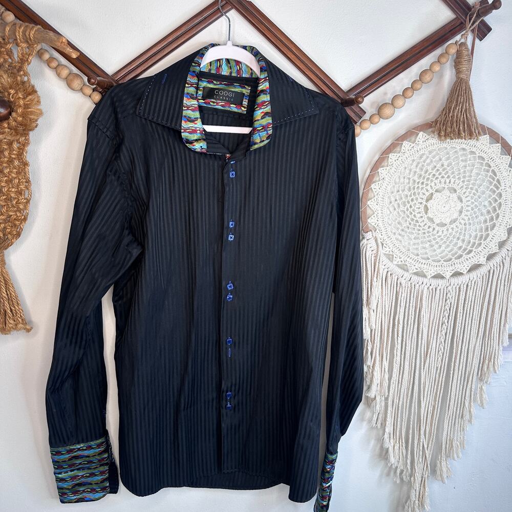COOGI Classic Black Vibrant Colorful Detail Long Sleeve Button Down